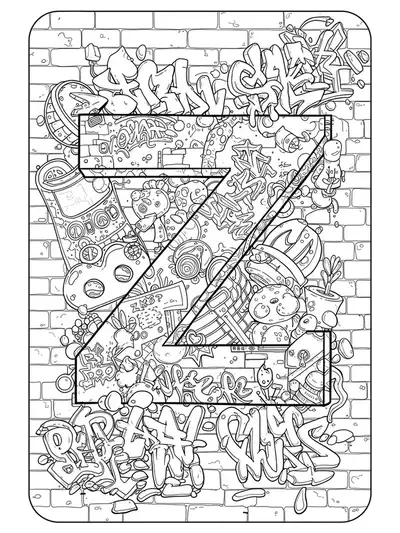 Letter Z with graffiti tags, brick backgrounds, and urban doodles, hard coloring page for teens.