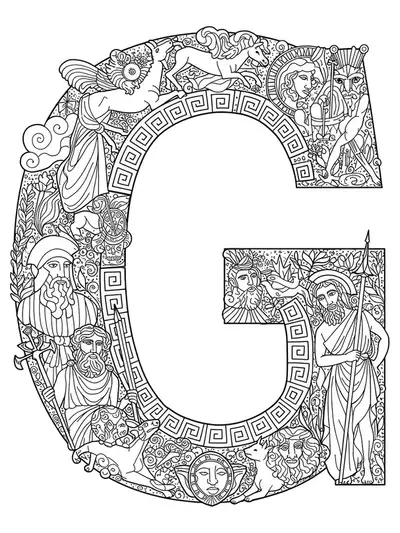 Letter G adorned with intricate Greek mythology symbols, gods, key patterns, and mythic creatures for adult coloring.