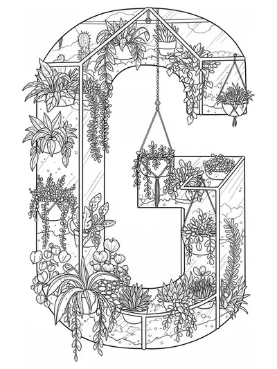 Letter G designed as a greenhouse terrarium with detailed plants, glass, and hanging planters for adults.