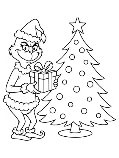 Easy coloring page of the Grinch holding a Christmas present with a decorated tree in the background.