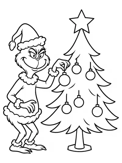 Easy Christmas coloring page with the Grinch placing a star on a simple decorated tree.
