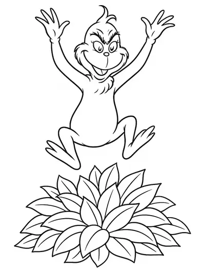 Simple coloring page of the Grinch jumping into a pile of large autumn leaves.