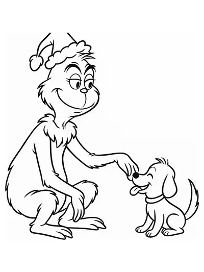 Easy outline of the Grinch playing with a puppy, both with big features and open areas to color.