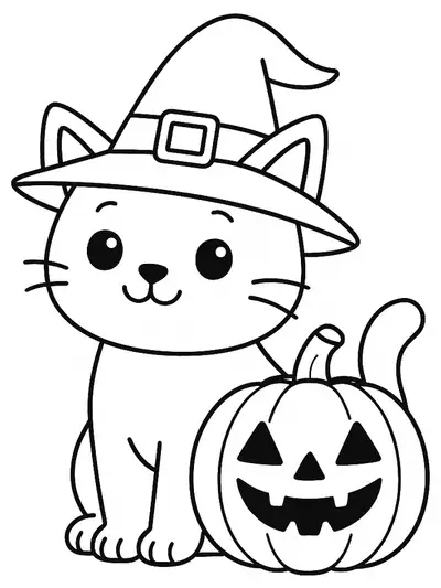 Simple line art of a cute cat with a witch hat sitting beside a pumpkin