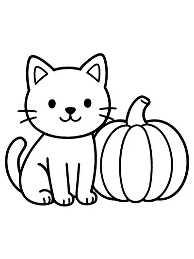 Easy outline of a cat sitting next to a pumpkin, Halloween-themed for preschoolers.
