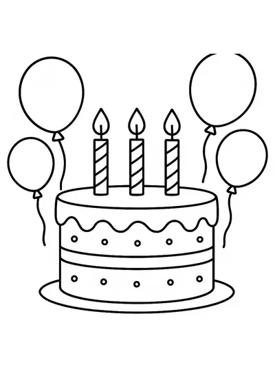 Easy coloring page of a big birthday cake with candles and balloons, designed for preschoolers.