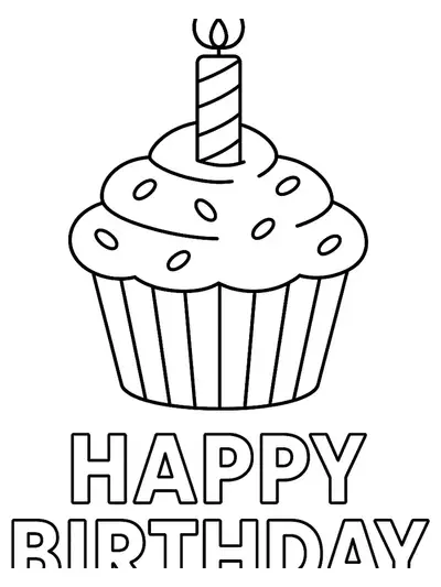 Easy coloring page with a big cupcake, candle, and Happy Birthday message, large areas to color.