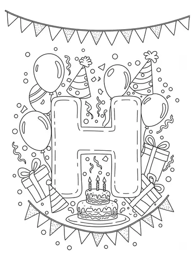 Letter H decorated with balloons, birthday cake, and confetti for a birthday theme, medium detail.