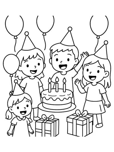 Simple coloring page of children at a birthday party with cake, balloons, and presents.