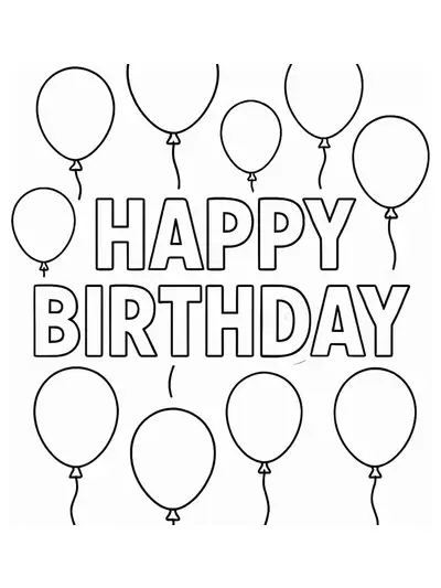 Simple coloring page with large balloons and Happy Birthday text, easy outlines for preschoolers.