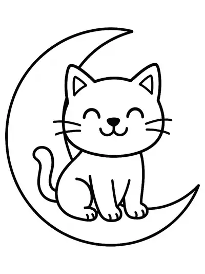 Cartoon black cat sitting on a crescent moon, simple and easy for preschool coloring.
