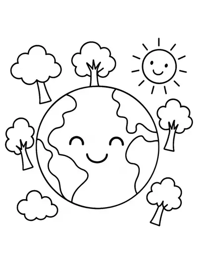 Simple outline of a smiling Earth with trees, clouds, and a sun around it, designed for easy coloring.