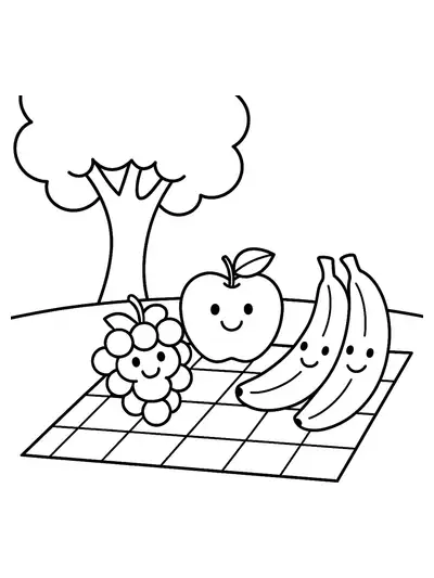 Simple coloring page showing big, smiling fruits on a picnic blanket with trees and sky.