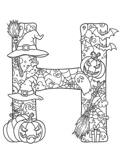 Medium-detail Halloween letter H with pumpkins, bats, and witch hat for coloring.