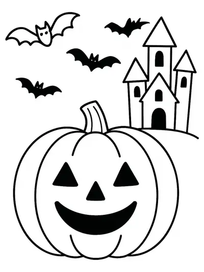 Smiling jack-o'-lantern pumpkin with bats and stars, easy lines for coloring