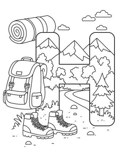 Letter H with hiking gear and nature elements like trees and mountains, medium detail.