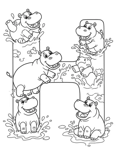 Letter H with medium-detail hippos and water splashes for children to color.