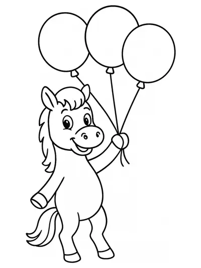 Simple line art of a smiling horse holding three large balloons, easy for preschoolers to color.