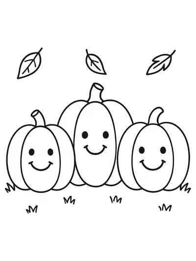Easy outline pumpkin patch coloring page with smiling pumpkins for preschoolers.