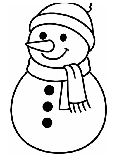 Simple outline of a happy snowman with a hat and scarf for preschool coloring