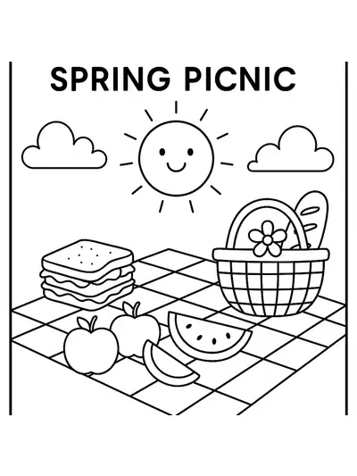 Elementary coloring page of a picnic scene with a picnic blanket, food, and the sun, easy design.