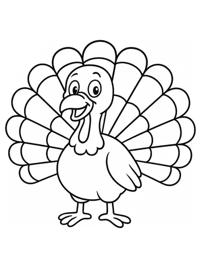 Simple turkey with tail feathers spread out, easy for kids to color
