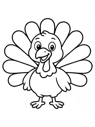 Easy coloring page with a large, smiling turkey and simple outlines for preschool kids.