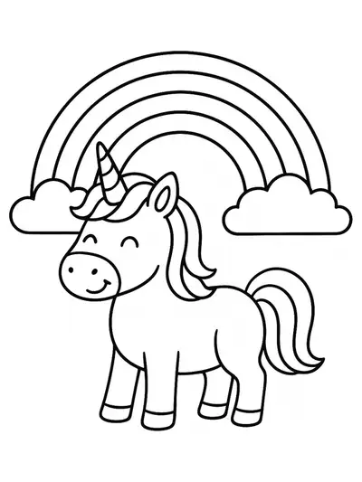 Simple unicorn standing under a rainbow, easy coloring page for preschoolers