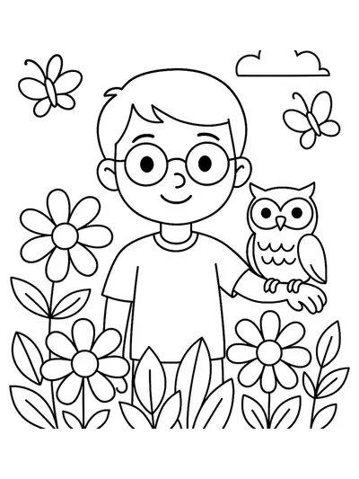 Easy line art of Harry Potter with Hedwig the owl among large flowers and butterflies.