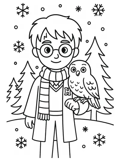 Easy coloring page of Harry Potter with Hedwig the owl in a winter scene with snowflakes and trees.