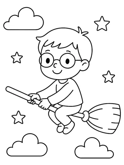 Basic line drawing of Harry Potter flying on a broomstick, with stars and clouds in the background.