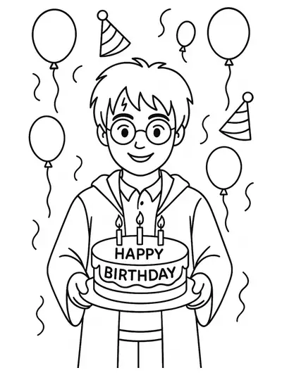 Easy coloring page of Harry Potter at a birthday party with cake, balloons, and party hats.