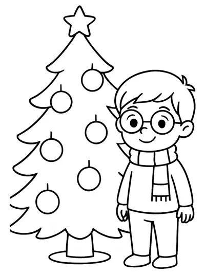 Simple line art of Harry Potter standing next to a decorated Christmas tree, with large ornaments and a star on top.