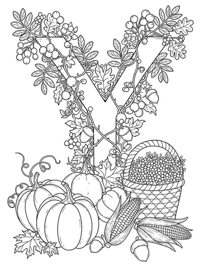 A complex autumn coloring page with the letter Y set in a pumpkin patch with leaves, vines, and harvest baskets.