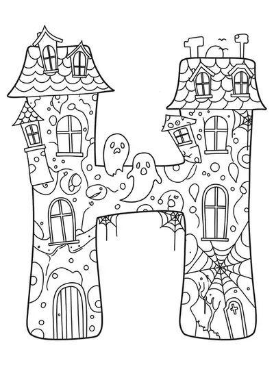 Letter H as a haunted house with windows, ghosts, and cobwebs, medium detail.