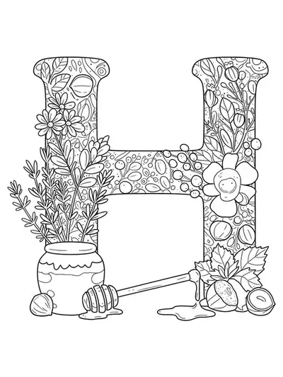 Medium-detail letter H with healthy food items like honey, herbs, and nuts for coloring.