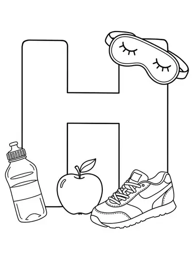 Coloring page with a large letter H and healthy habit icons like a water bottle and running shoe.