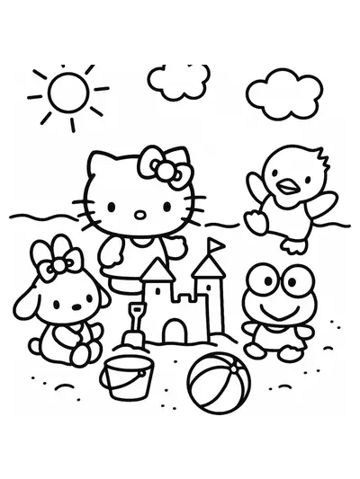 Hello Kitty characters building a sandcastle and playing with a beach ball at the beach, easy outlines.