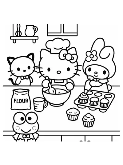 Hello Kitty and friends in a kitchen baking cupcakes, simple outlines for preschool coloring.