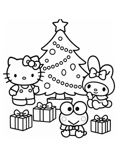 Hello Kitty, My Melody, and Keroppi standing by a Christmas tree with presents, simple outlines for coloring.