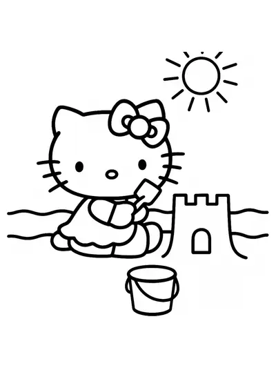 Hello Kitty building a sandcastle with a bucket at the beach, sun in the sky, easy outlines for kids.