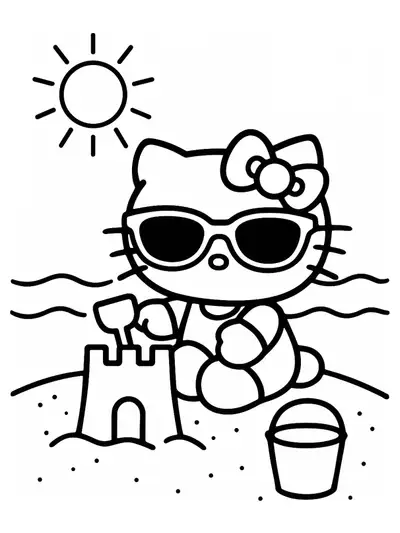 Hello Kitty wearing sunglasses and building a sandcastle at the beach with a sun and waves