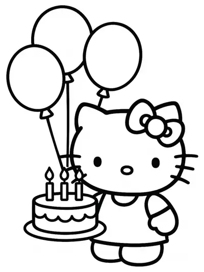 Hello Kitty with a birthday cake and balloons, simple shapes, easy outlines for preschoolers.