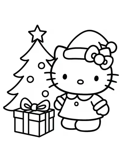 Hello Kitty wearing a Santa hat beside a Christmas tree and present, easy outlines for children.
