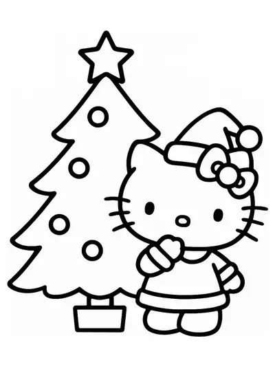 Hello Kitty with a Santa hat standing next to a Christmas tree, simple outlines for preschool coloring