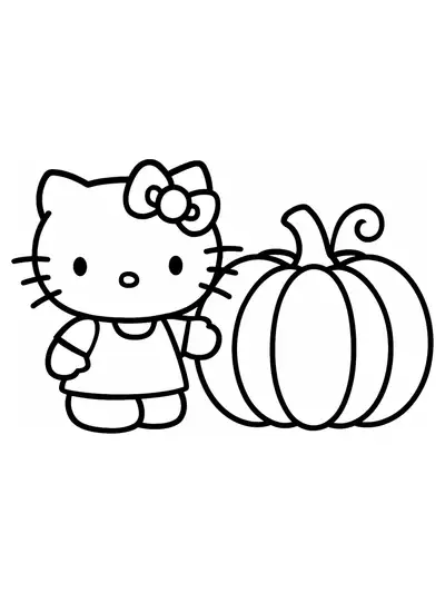 Hello Kitty standing beside a large pumpkin, simple outlines for preschool coloring.