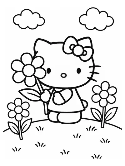 Hello Kitty holding a big flower with a few simple flowers and clouds, easy for preschool coloring