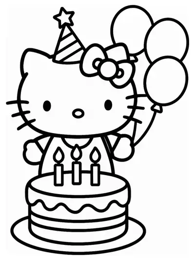 Hello Kitty wearing a party hat with a big birthday cake and balloons, simple outlines