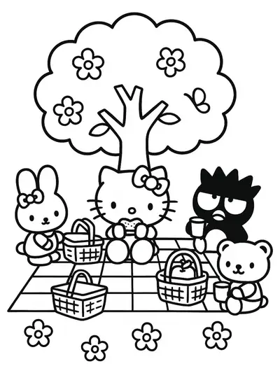 Hello Kitty and friends having a picnic under a tree with picnic baskets and flowers.