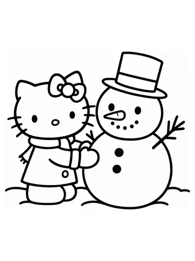 Hello Kitty building a snowman with simple outlines, suitable for preschool coloring.